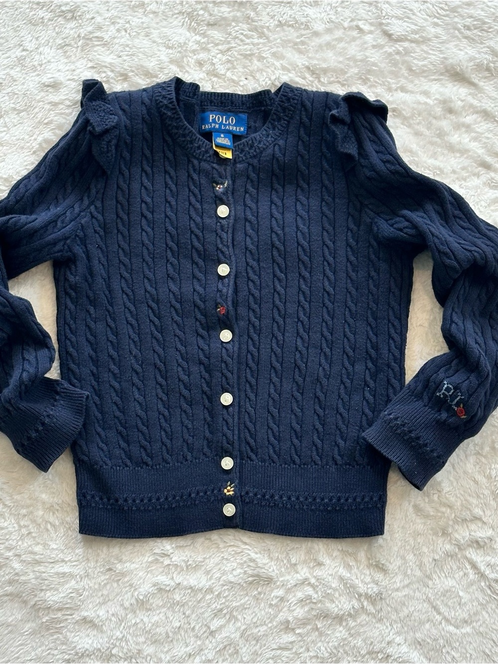 Polo Ralph Lauren Girls 6 Navy Cable Knit Cardigan Floral Rose Apple Embroidery